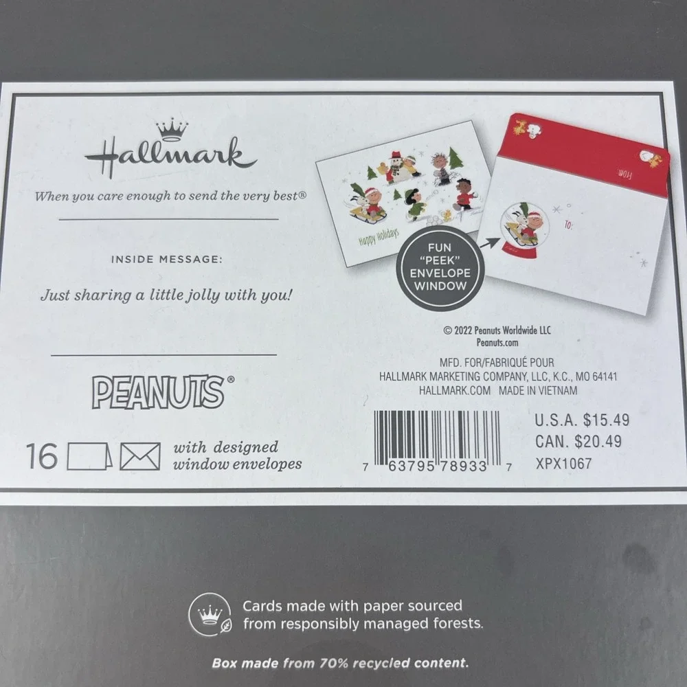 PEANUTS Happy Holidays Hallmark Greeting Cards Box 16 Surprise 